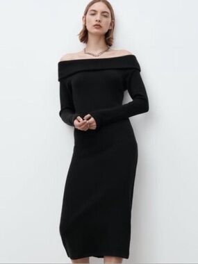 Zara Black Off-Shoulder Long-Sleeve Midi Dress